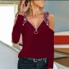 wish Women's V-neck zipper shoulder strap chain hot diamond top T-shirt for the 2022 autumn/Winter new independent station Specification image